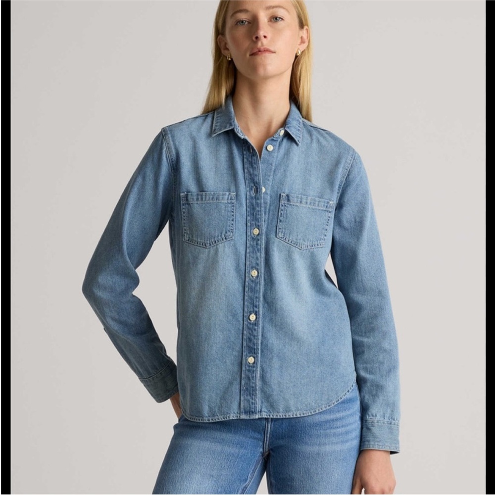 Quince Distressed Blue Denim Button Down Shirt
